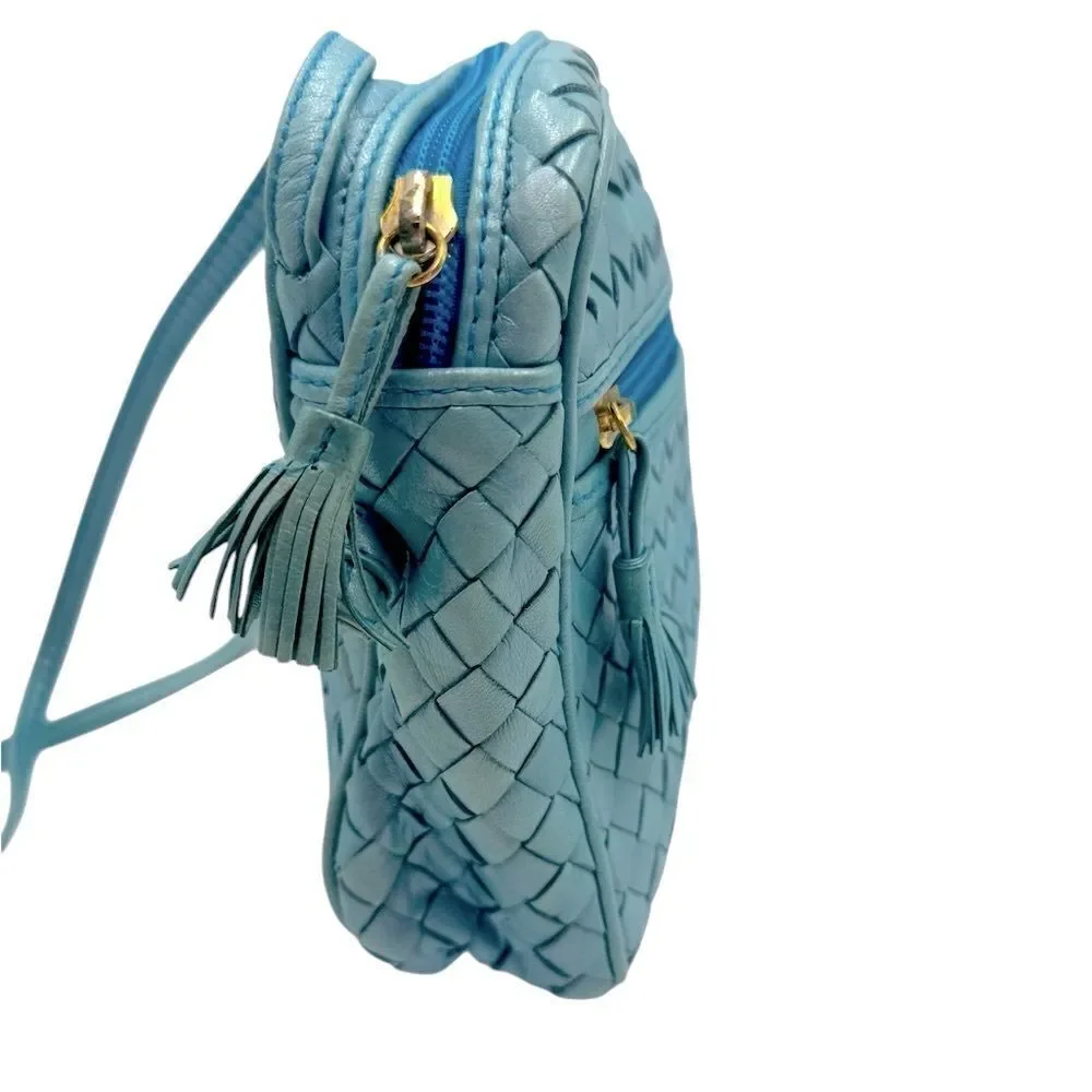 Auth Bottega Veneta Metallic Blue Intreciatto Camera Crossbody Shoulder Bag